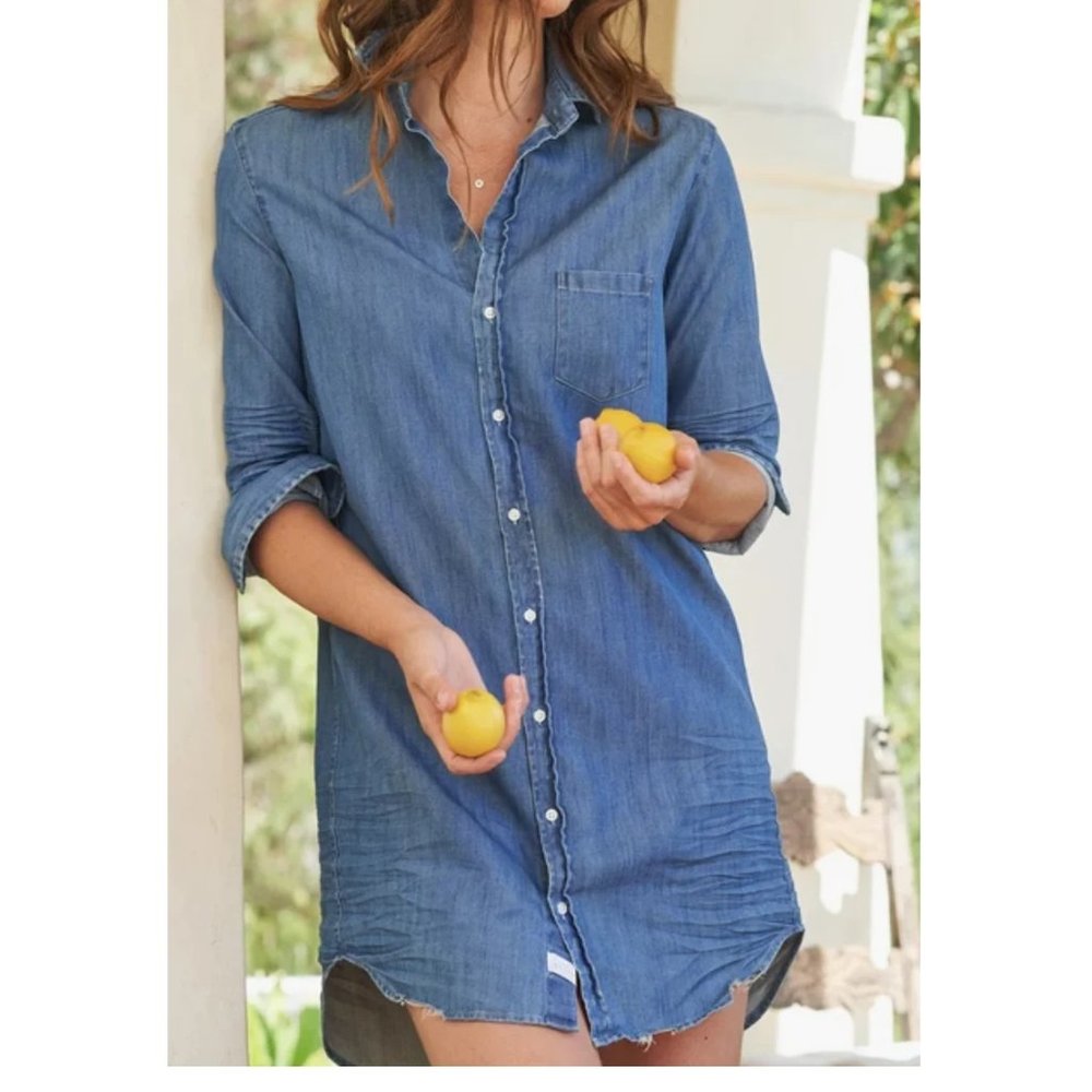 NEW FRANK & EILEEN MARY BUTTON DOWN SHIRT DRESS IN DK BLUE DISTRESSED DENIM M